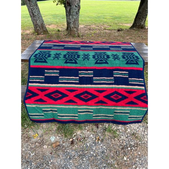 Vintage Biederlack Fleece Aztec Throw Blanket 75x56 Plush Southwestern Tribal - Picture 2 of 8